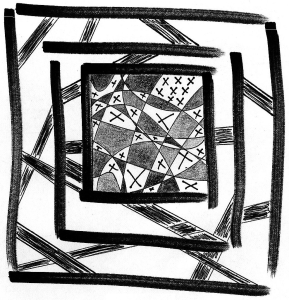 Abstract drawing of nested squares and criss-crossing lines