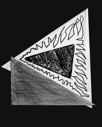 black and white abstract drawing - triangle with squiggly lines and another triangle in the center